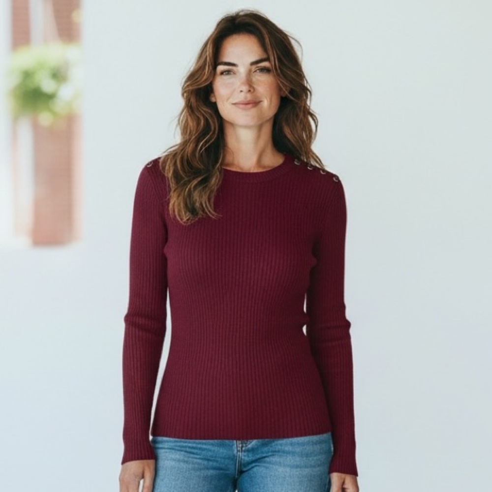 Hippie Rose Lightweight Burgundy Long-Sleeve Sweater Laced Shoulder Details